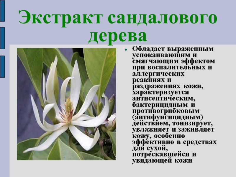 Экстракт сандалового дерева Обладает выраженным успокаивающим и смягчающим эффектом при воспалительных и аллергических реакциях